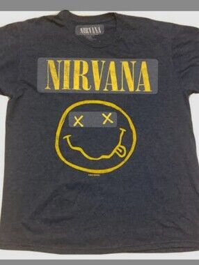 × NIRVANA Dark Gray Tee with Yellow Smiley Logo Women's Size Medium